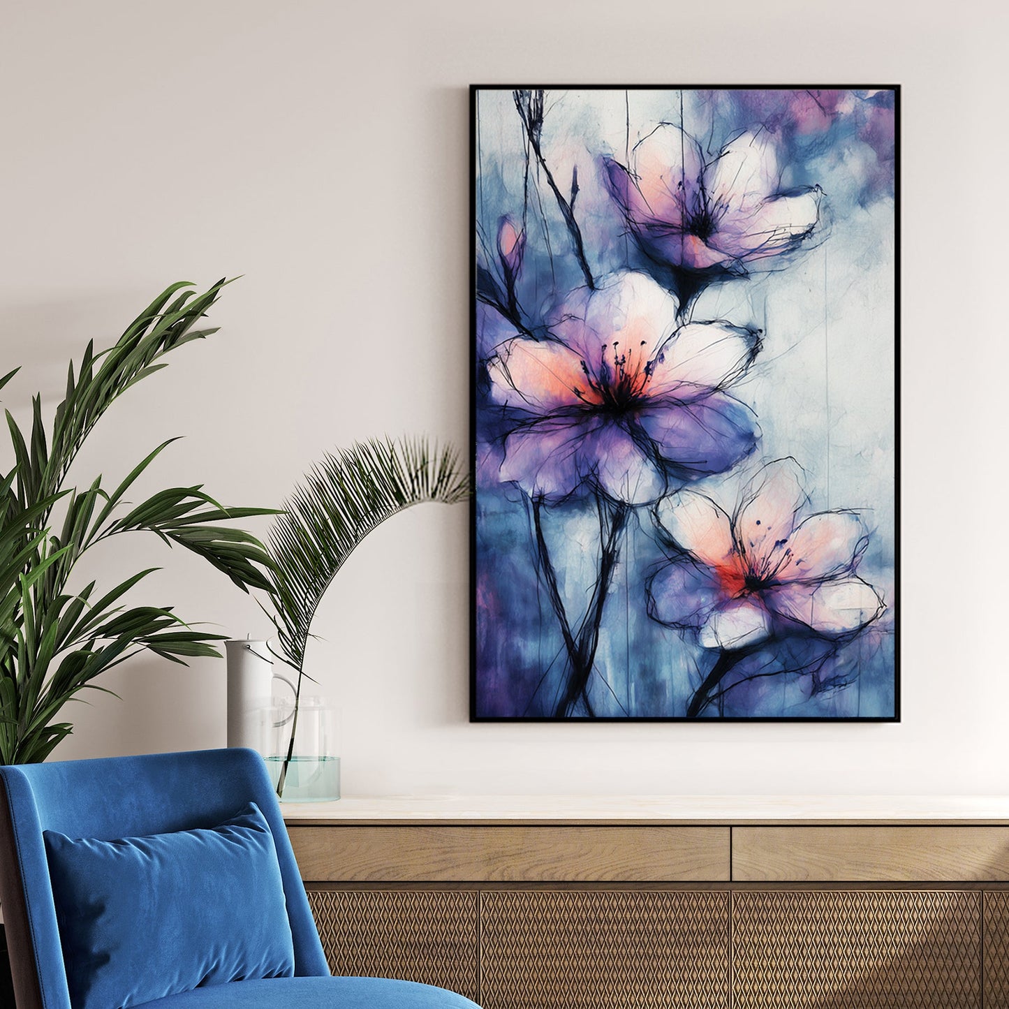 watercolour floral wall art with purple and pink tones