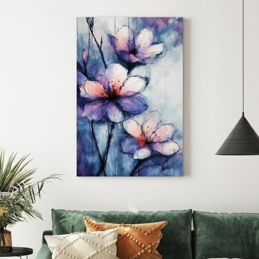 watercolour floral wall art with purple and pink tones