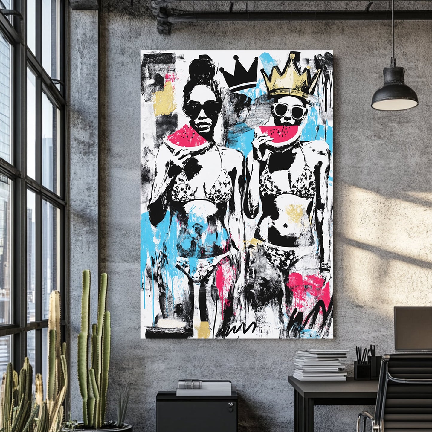 graffiti pop art of women in bikinis with watermelon and crowns