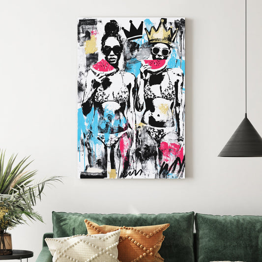 graffiti pop art of women in bikinis with watermelon and crowns