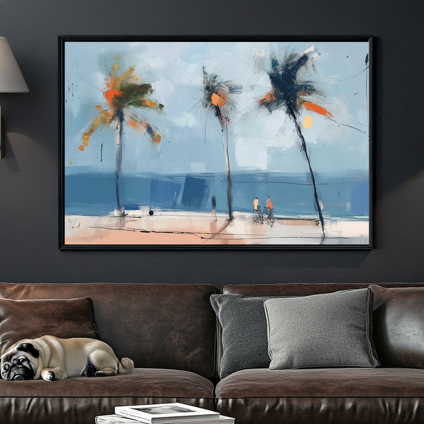 abstract beach art with palm trees and cyclists by the ocean