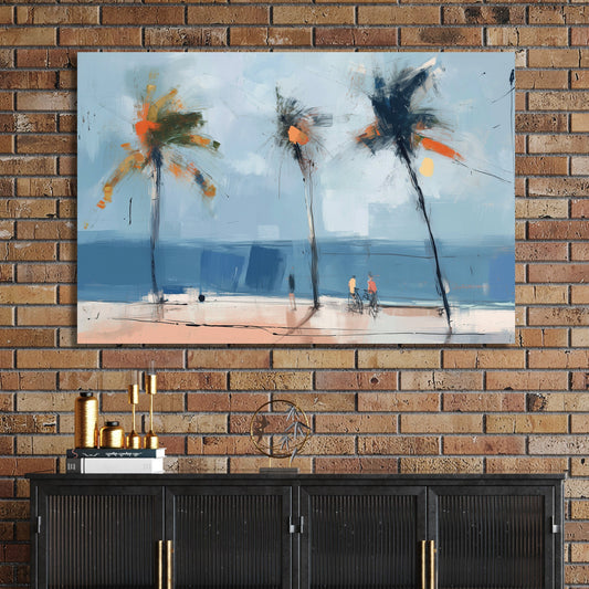 abstract beach art with palm trees and cyclists by the ocean