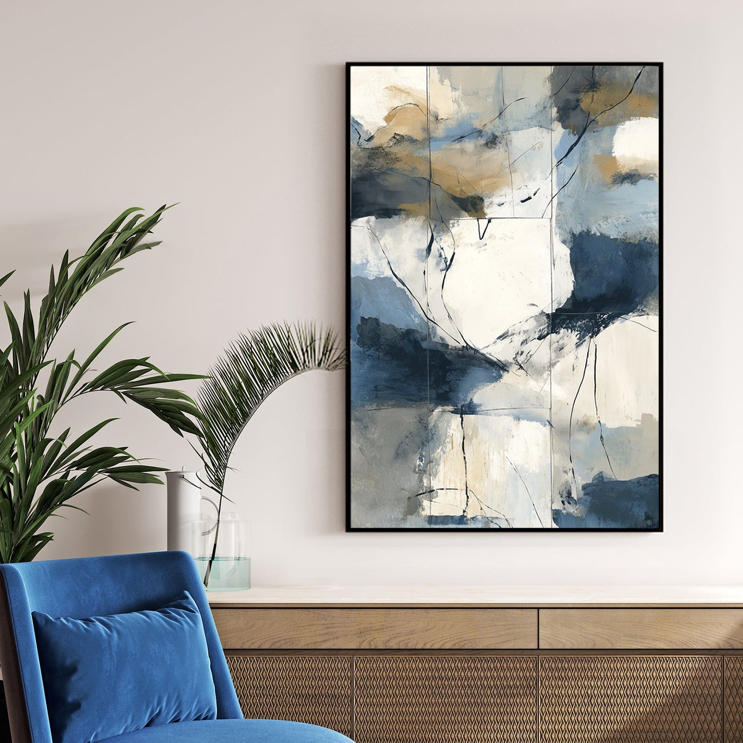 abstract coastal inspired wall art with blue, beige, and cream brushstrokes