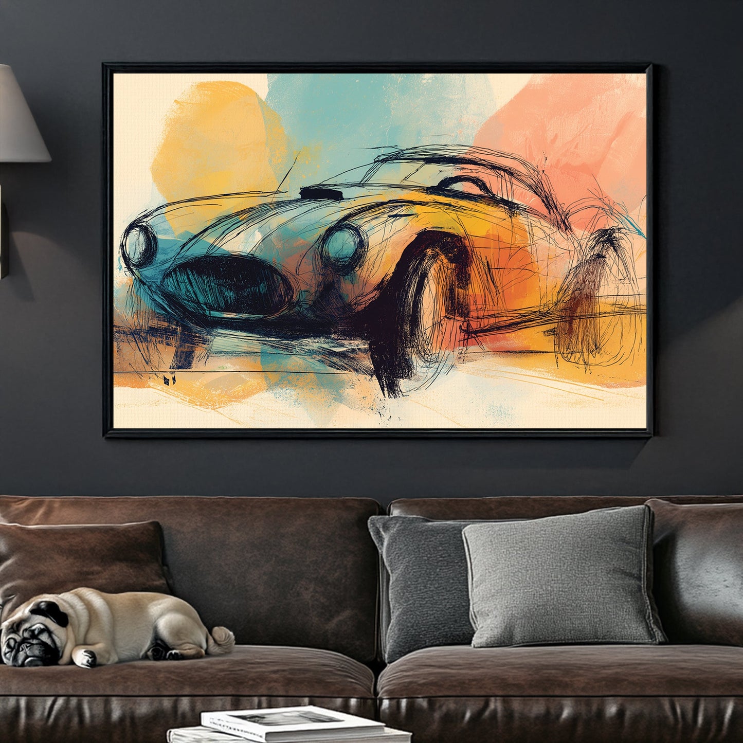 sketch style classic car wall art with pastel orange, teal, and yellow brushstrokes
