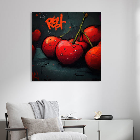 graffiti style cherry artwork with red cherries and urban lettering