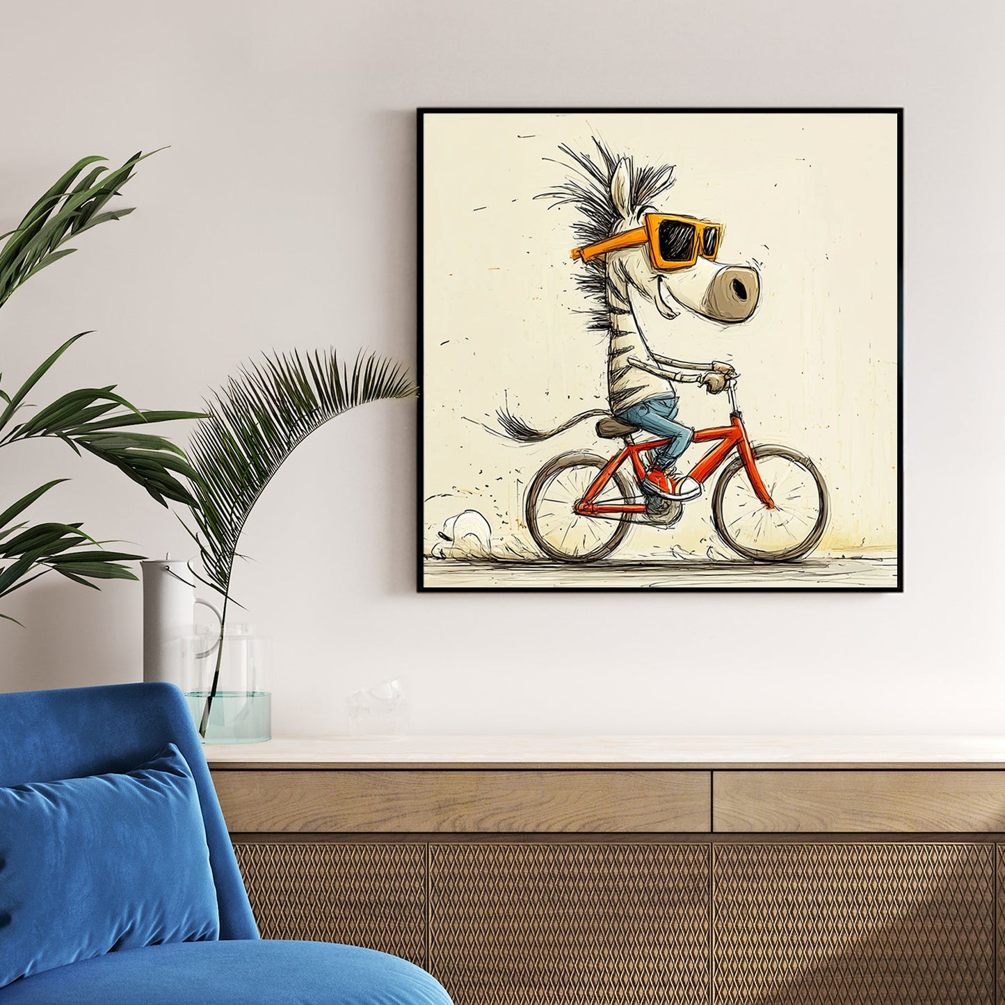 fun cartoon zebra riding red bicycle with sunglasses
