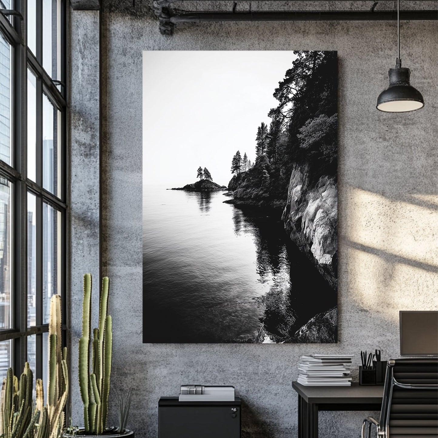 black and white rocky coastline with trees and ocean reflections