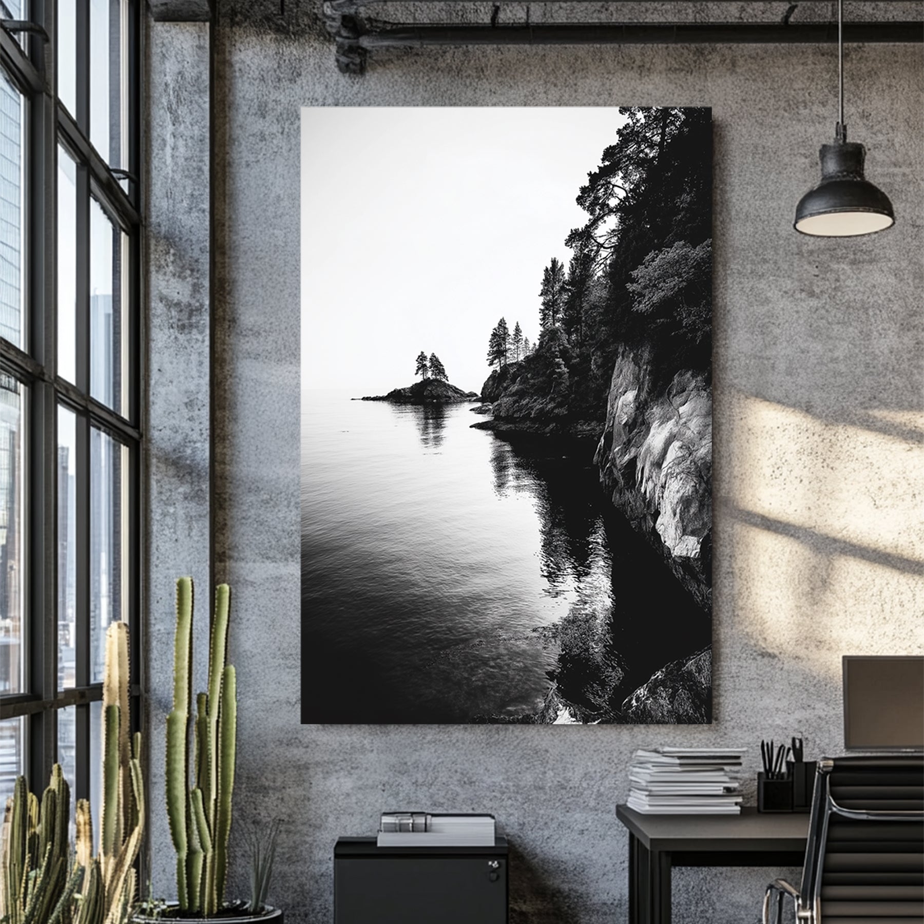 black and white rocky coastline with trees and ocean reflections