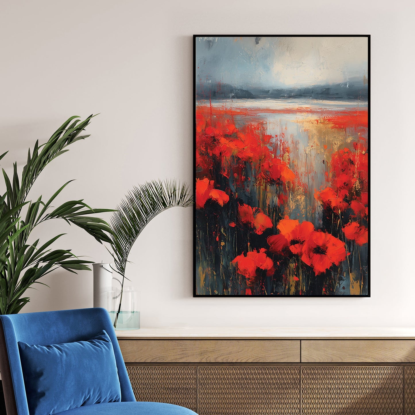 expressionist poppy flower field wall art with red flowers and misty sky