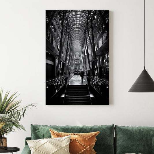 black and white photo of Allen Lambert Galleria Toronto with architectural symmetry