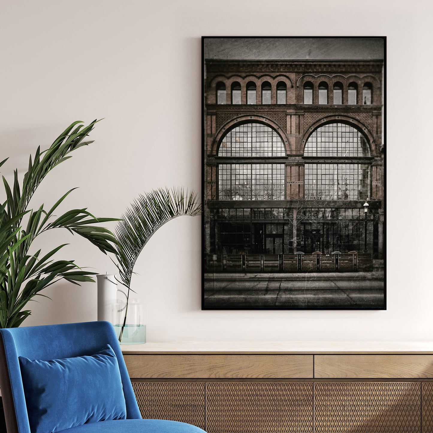 vintage photo of Army and Navy Store building with arched brick windows and old film texture