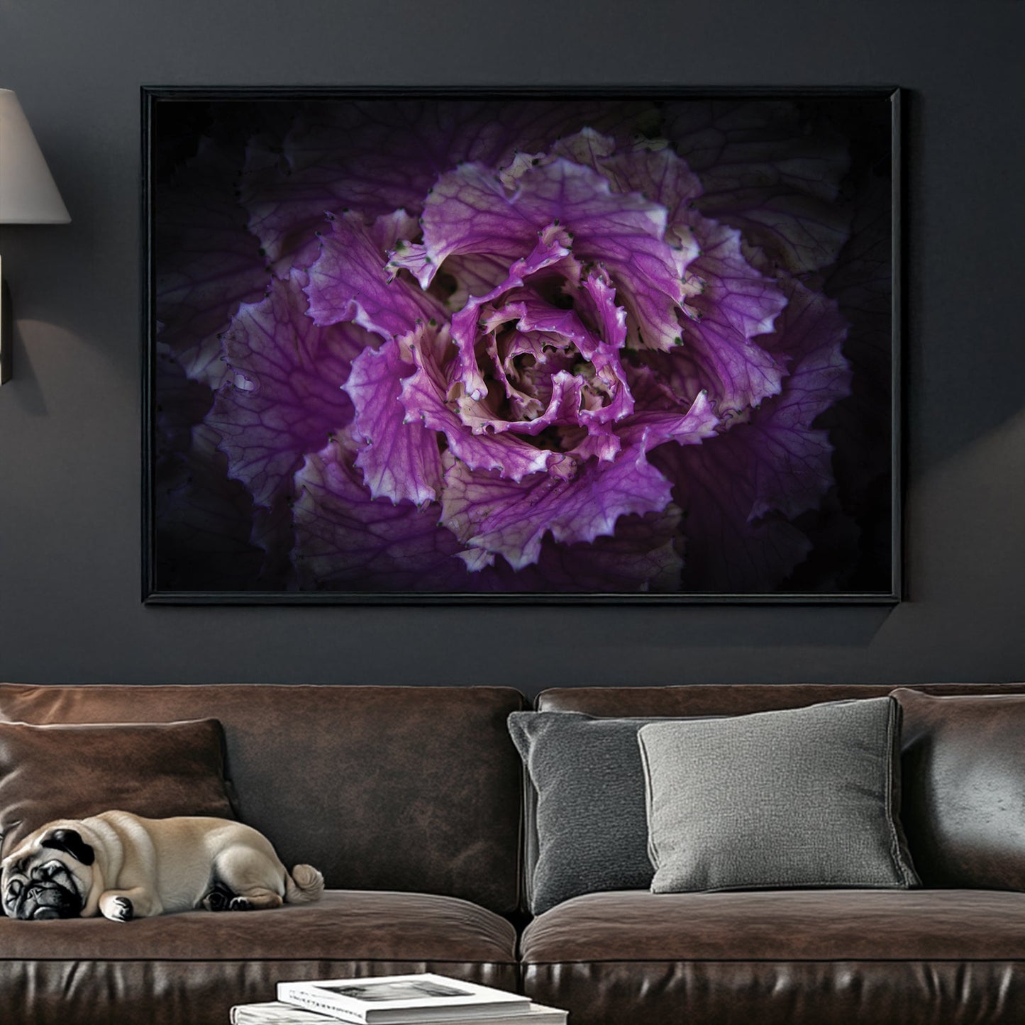Close-up of a purple ornamental cabbage flower with detailed texture and dark background