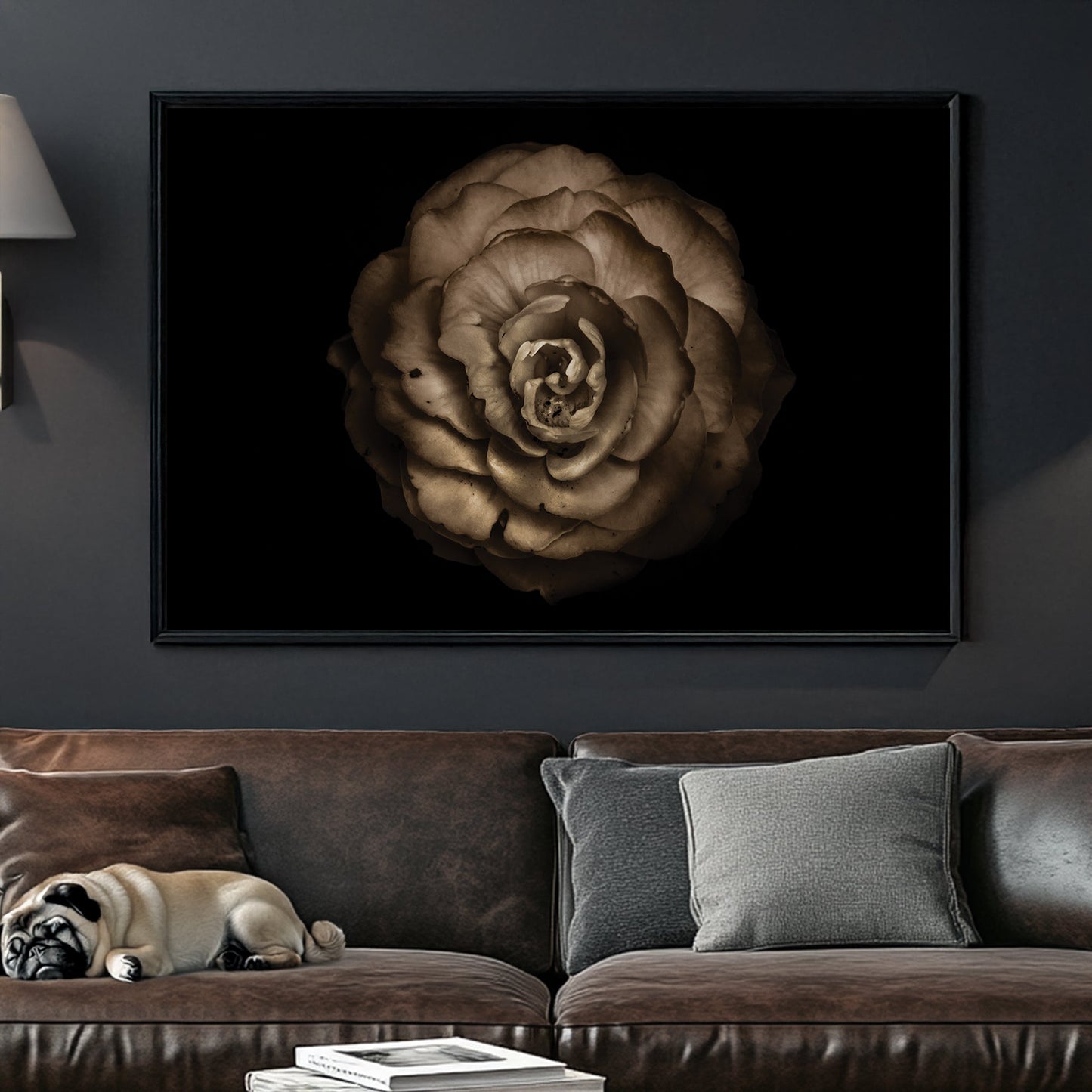 Sepia-toned close-up of a rose-like flower with curled petals on black background
