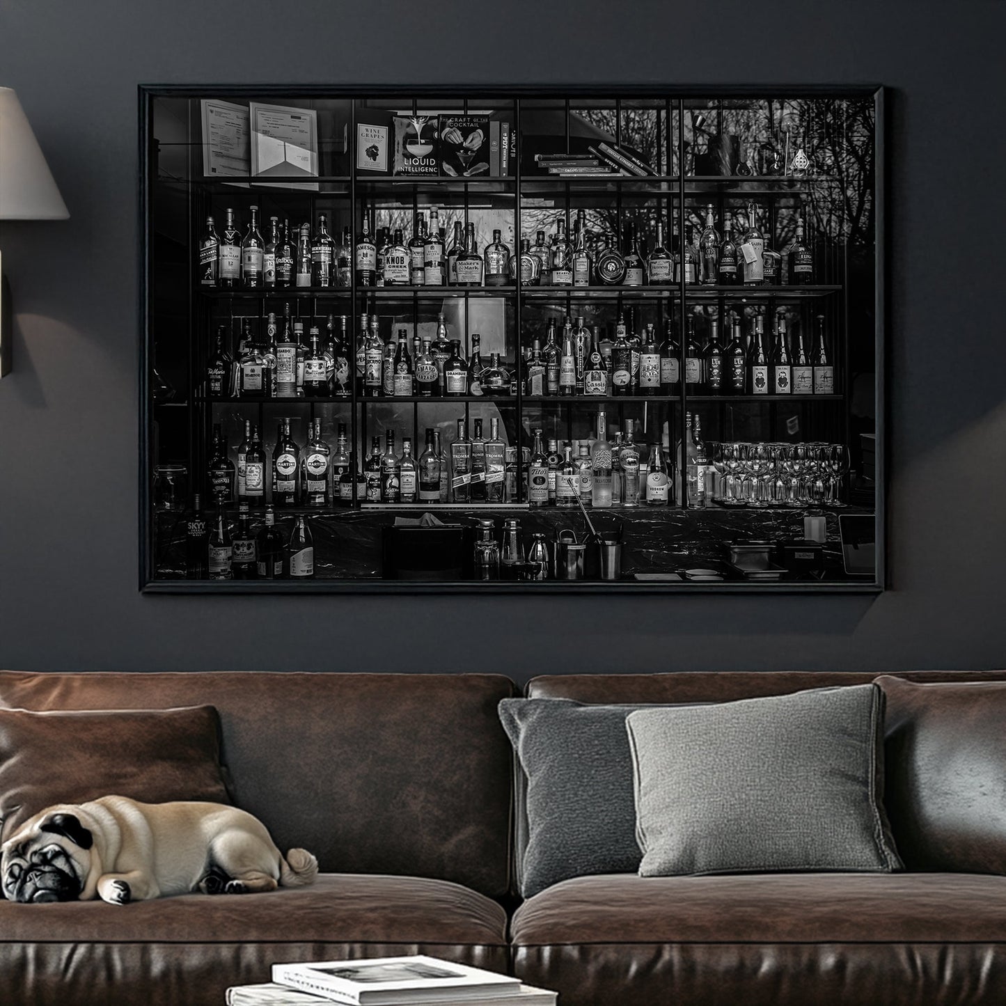 black and white bar scene with liquor bottles wall art