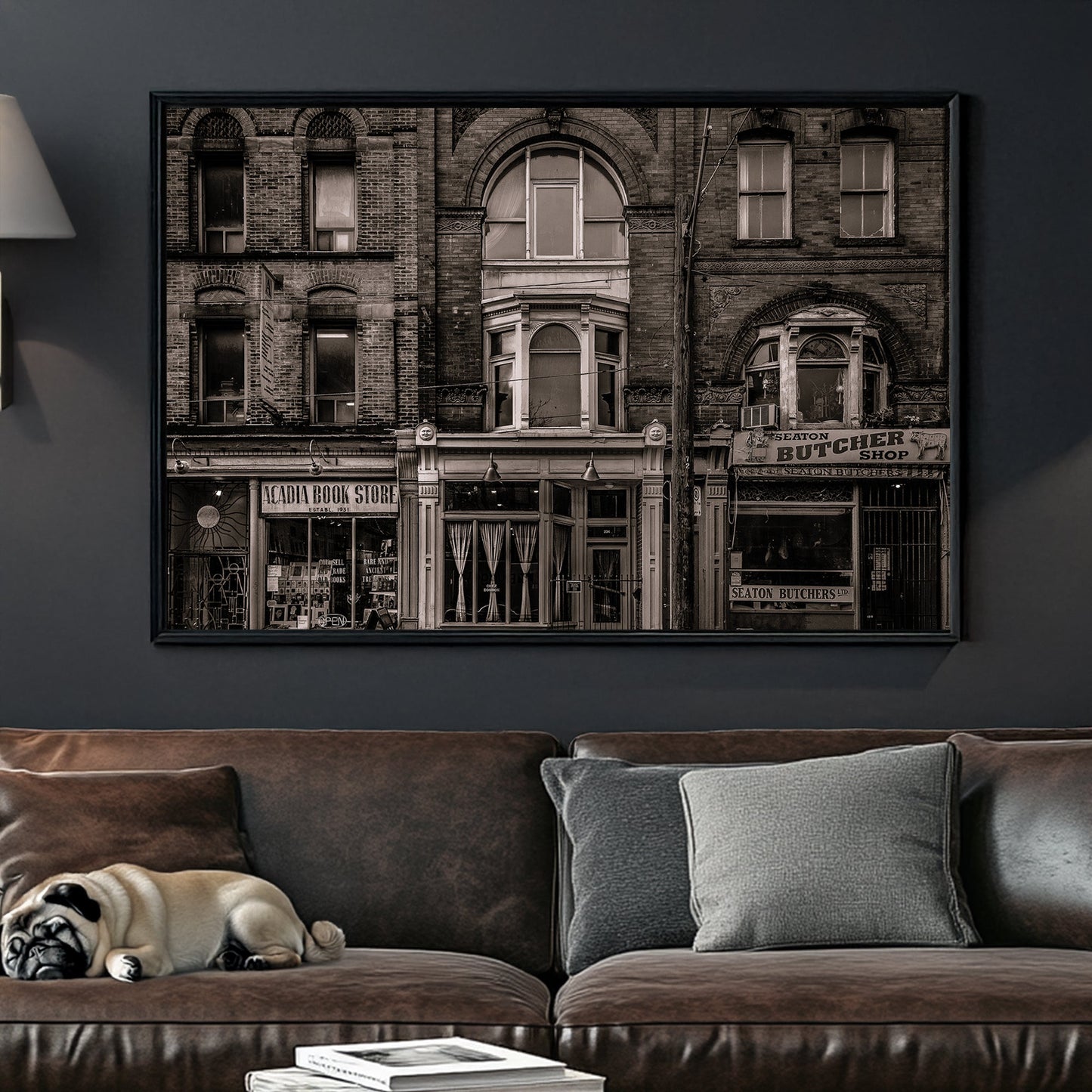 sepia-toned Toronto storefront street scene wall art