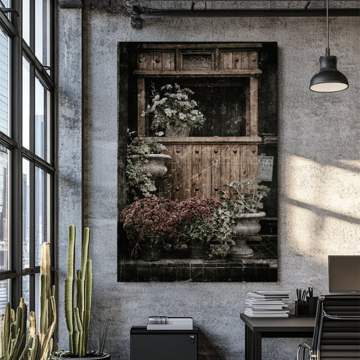 vintage buffet with flowers and rustic texture wall art