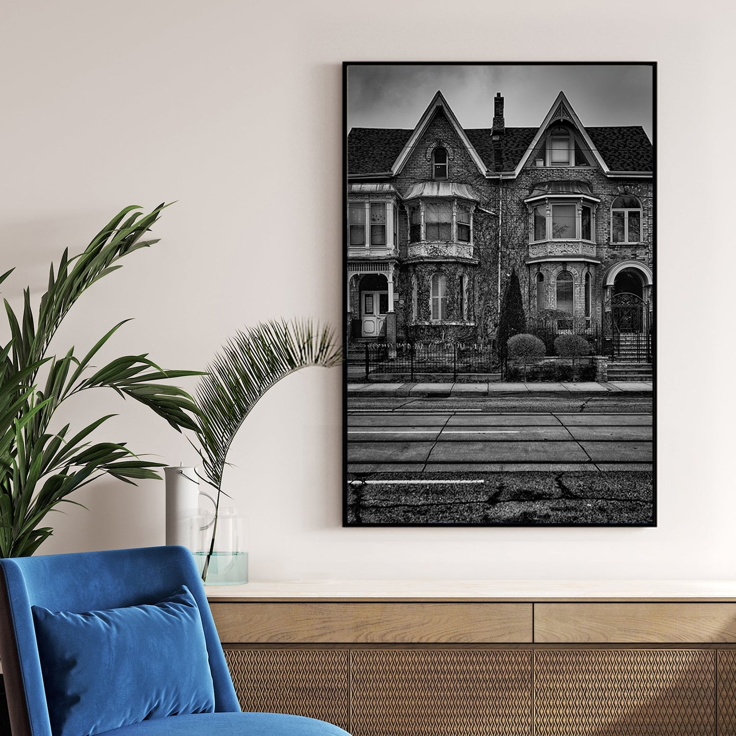 black and white Victorian townhouse wall art
