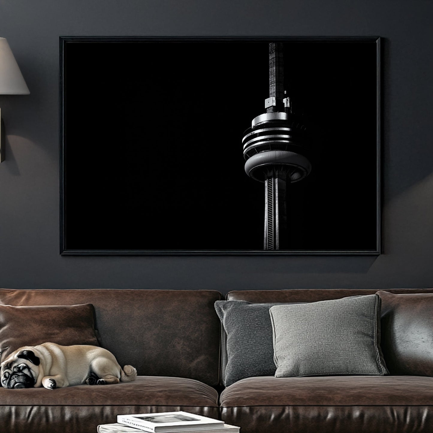 Close-up CN Tower wall art in black and white