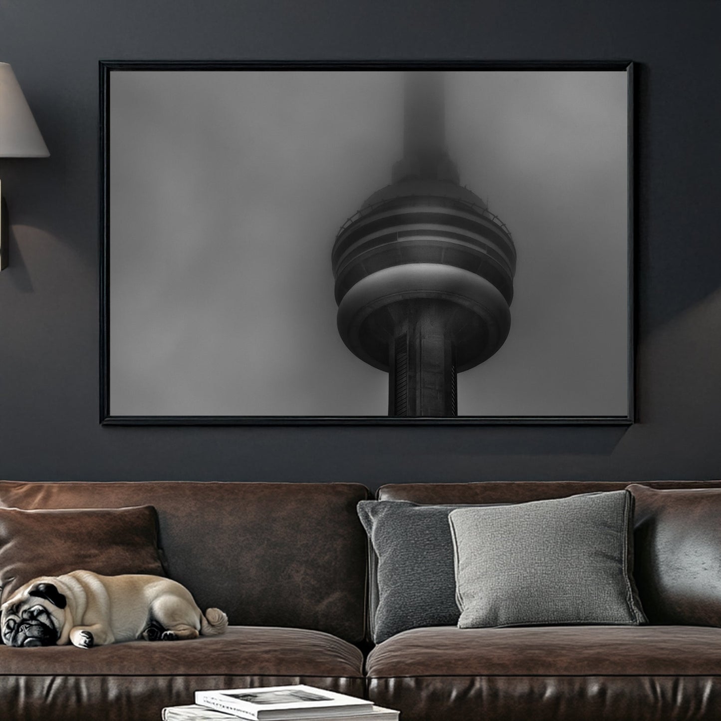 CN Tower in heavy fog black and white photo