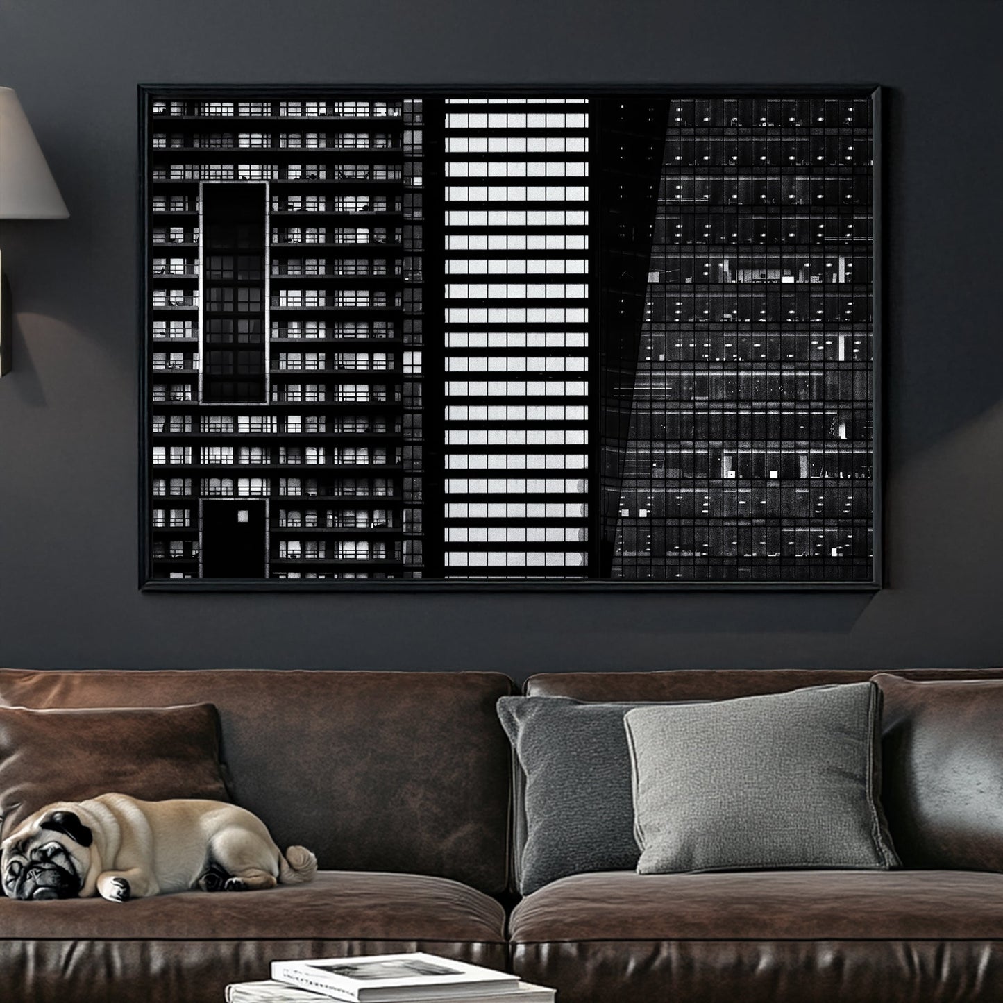 black and white closeup of modern city buildings with repeating windows and geometric patterns