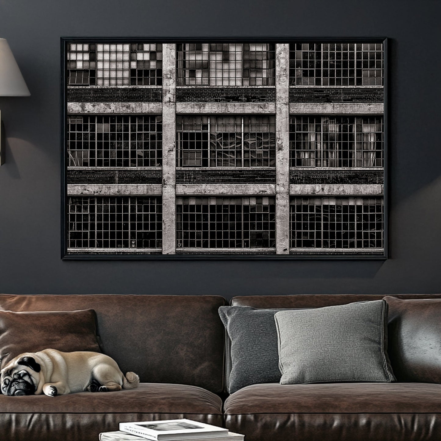 black and white industrial building with broken window panes and symmetrical grid layout