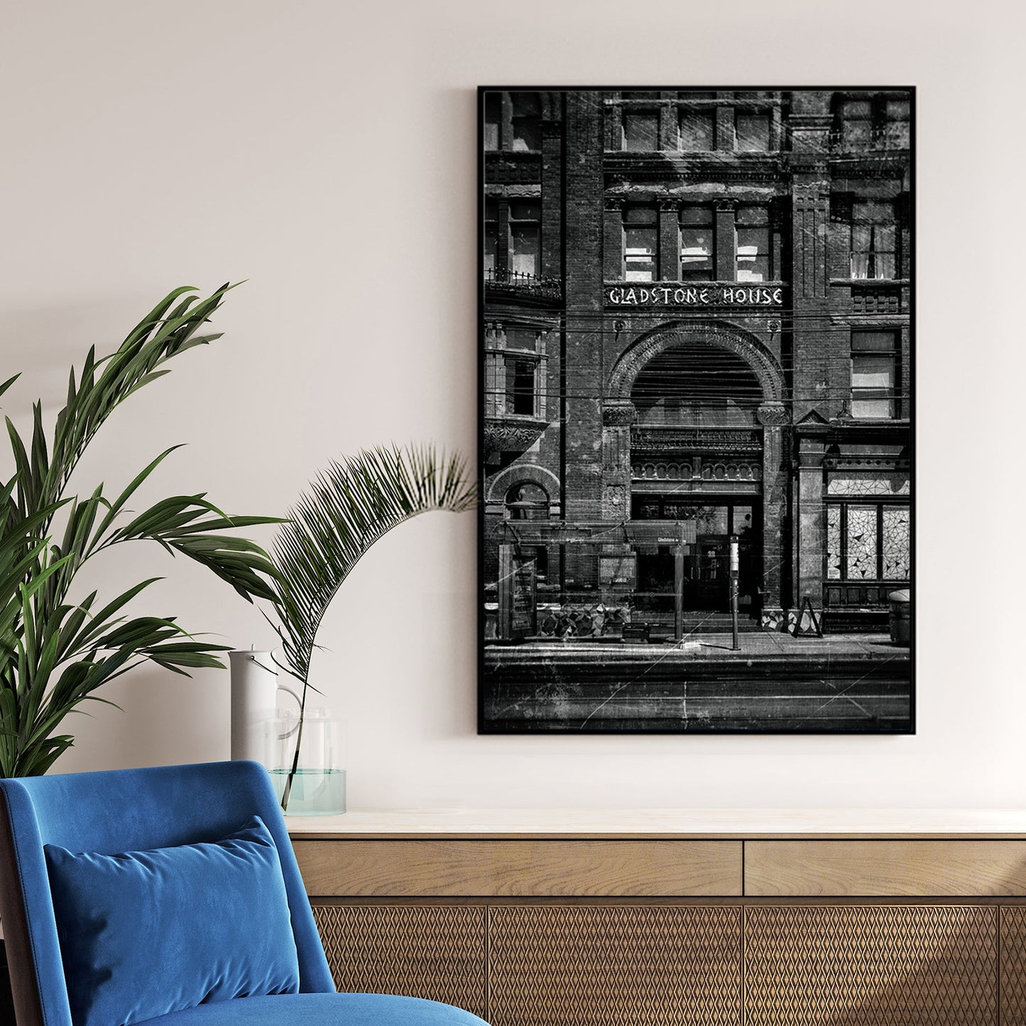 vintage black and white photo of Gladstone Hotel entrance in Toronto with distressed old film effect