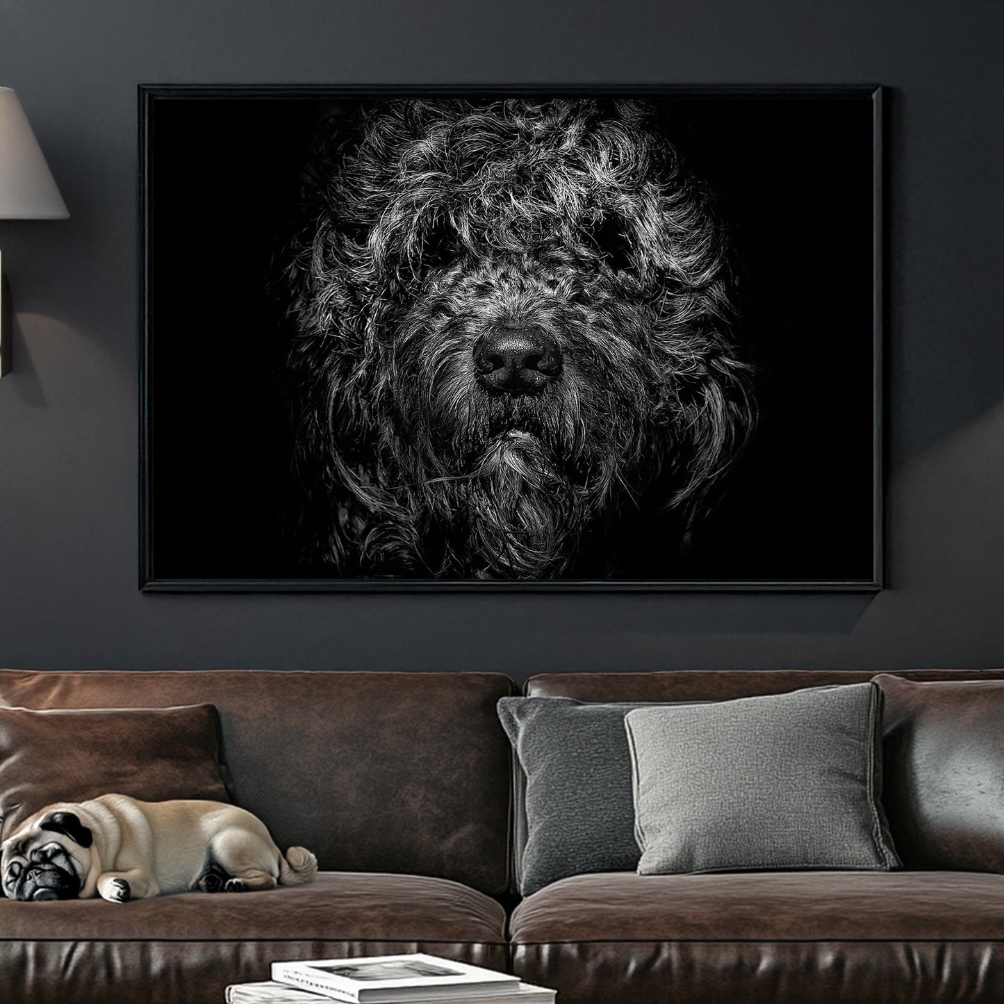 black and white shaggy dog close-up with dramatic lighting