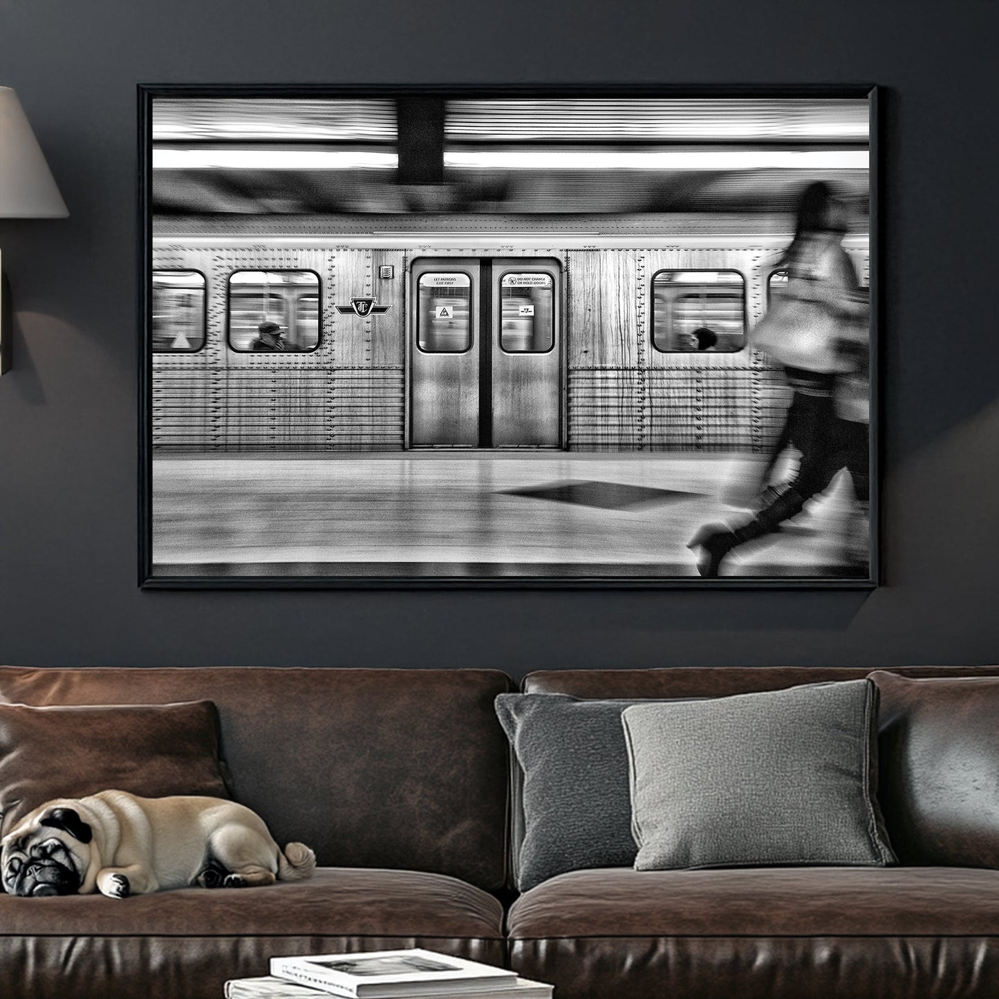 black and white TTC subway motion blur wall art in Toronto station