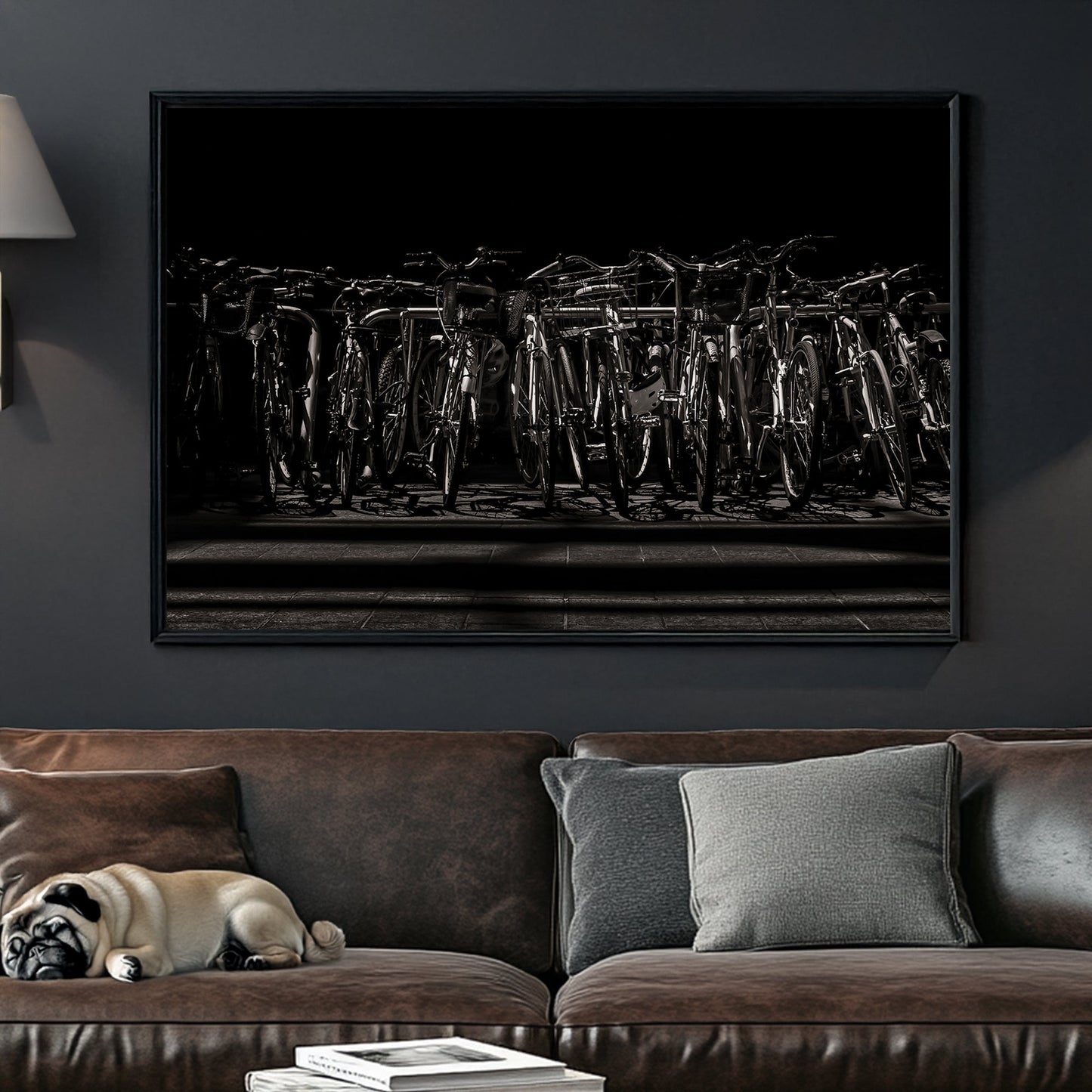 black and white urban bicycle rack wall art in dramatic shadows