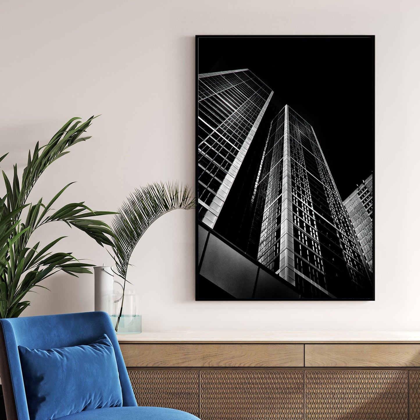 modern city skyscraper architecture wall art in black and white