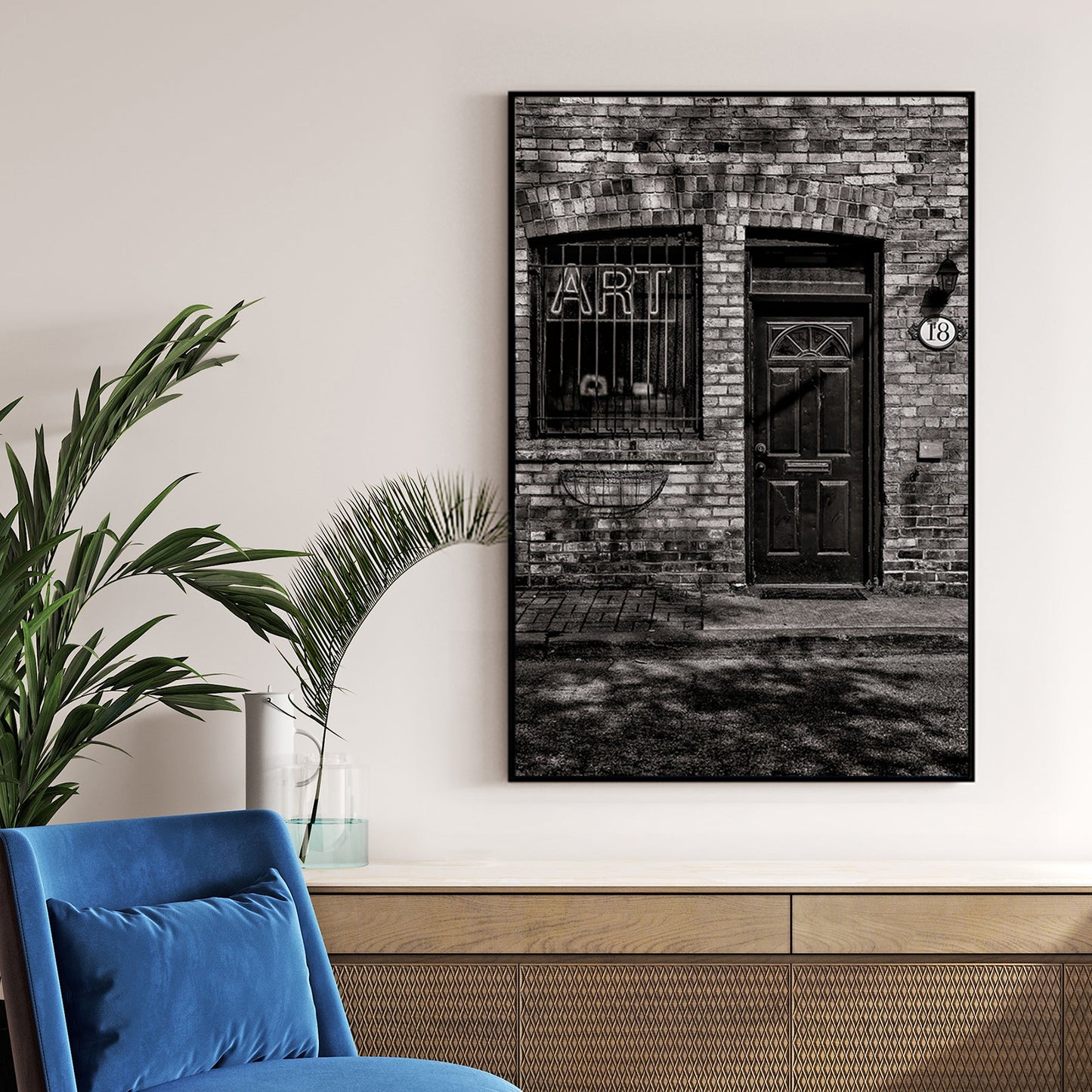 brick building art sign wall art in black and white