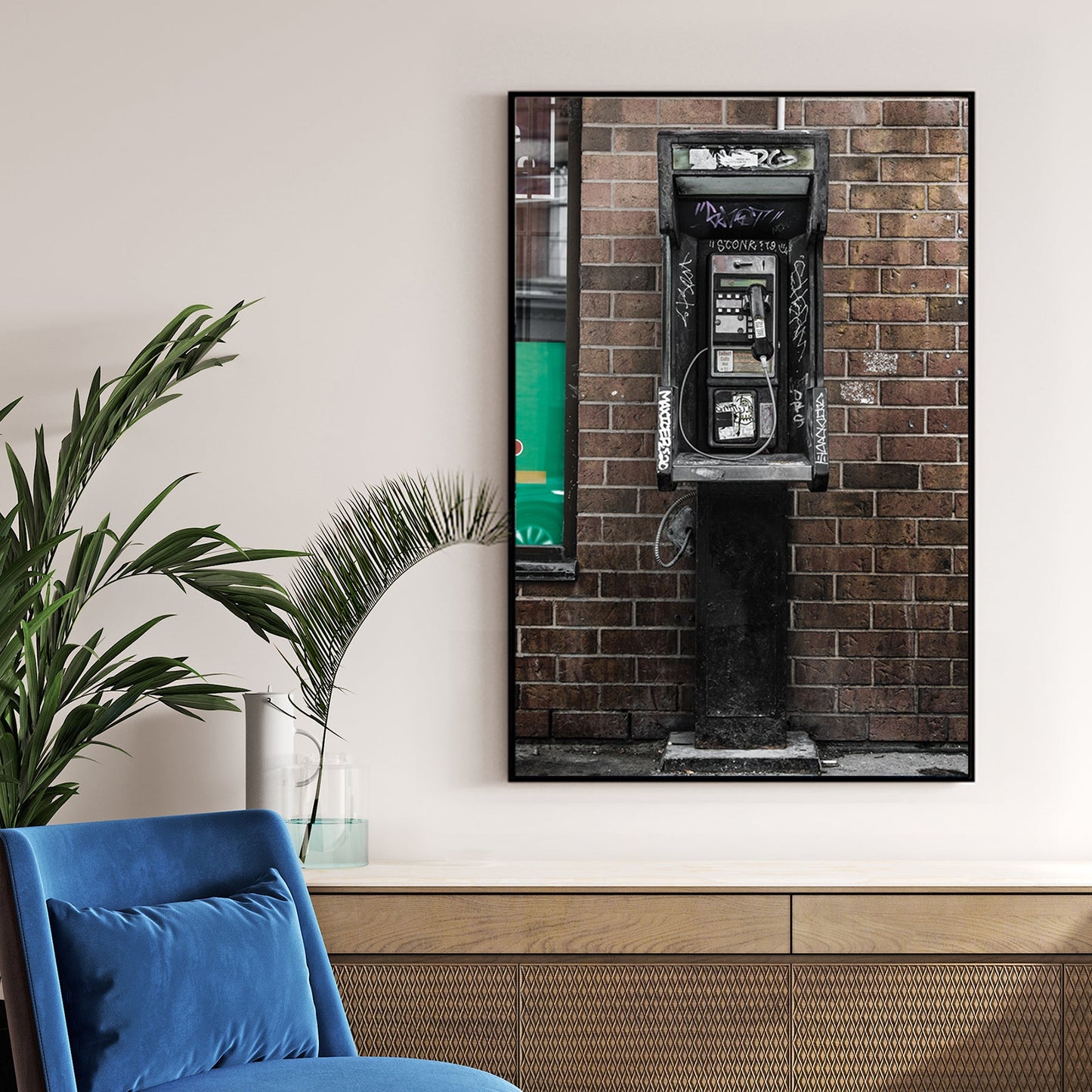gritty urban phone booth wall art with graffiti and brick wall