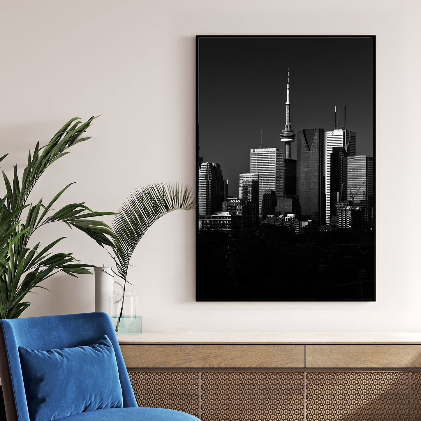 black and white toronto skyline wall art with CN Tower view