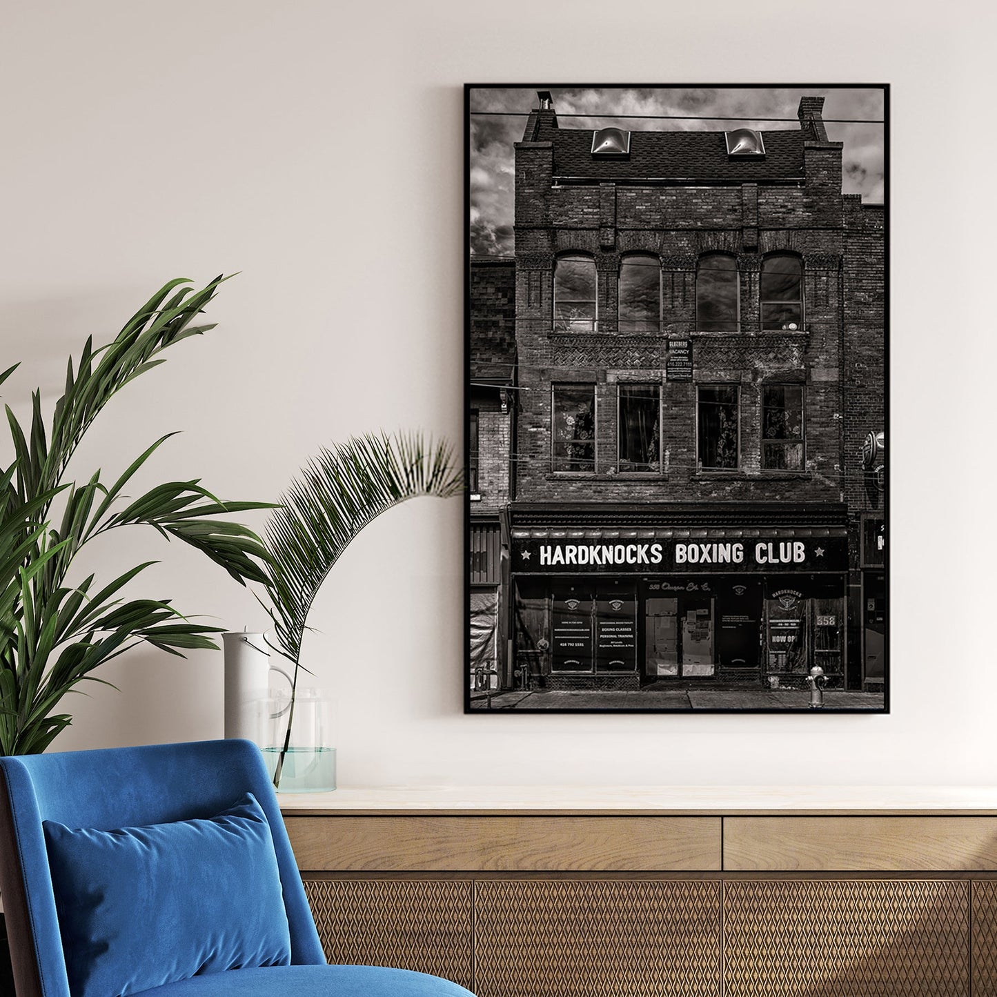 black and white photo of historic boxing club storefront in Toronto