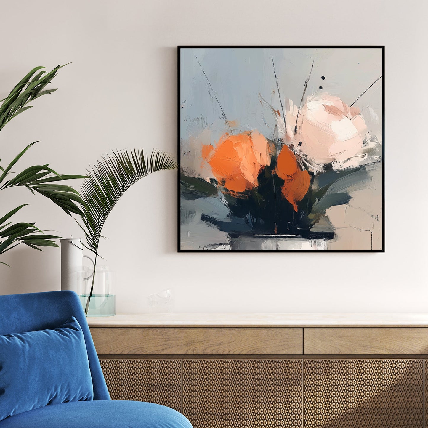 wall art featuring abstract orange and peach flowers in a muted vase arrangement