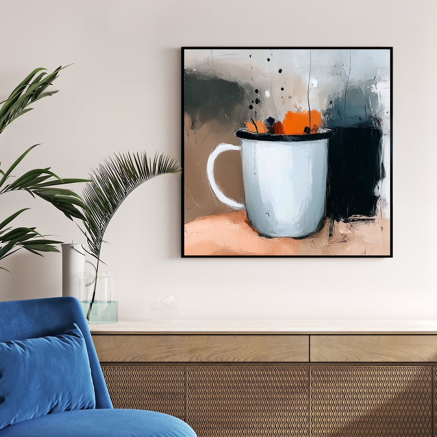 wall art of a hand holding a white mug with pumpkin spice-inspired flowers in abstract style