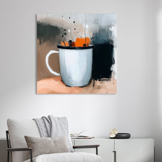 wall art of a hand holding a white mug with pumpkin spice-inspired flowers in abstract style