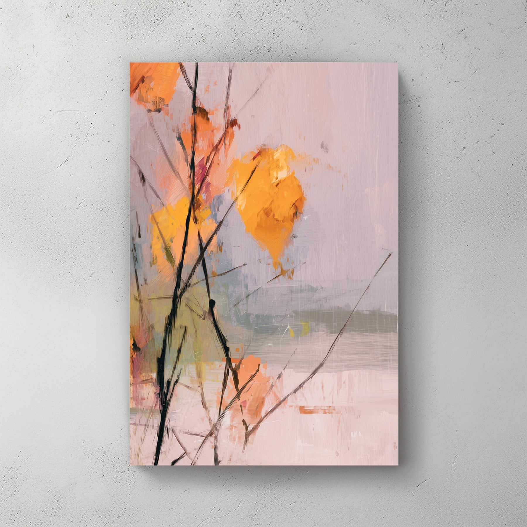 soft abstract wall art of autumn leaves on bare branches with light pastel background