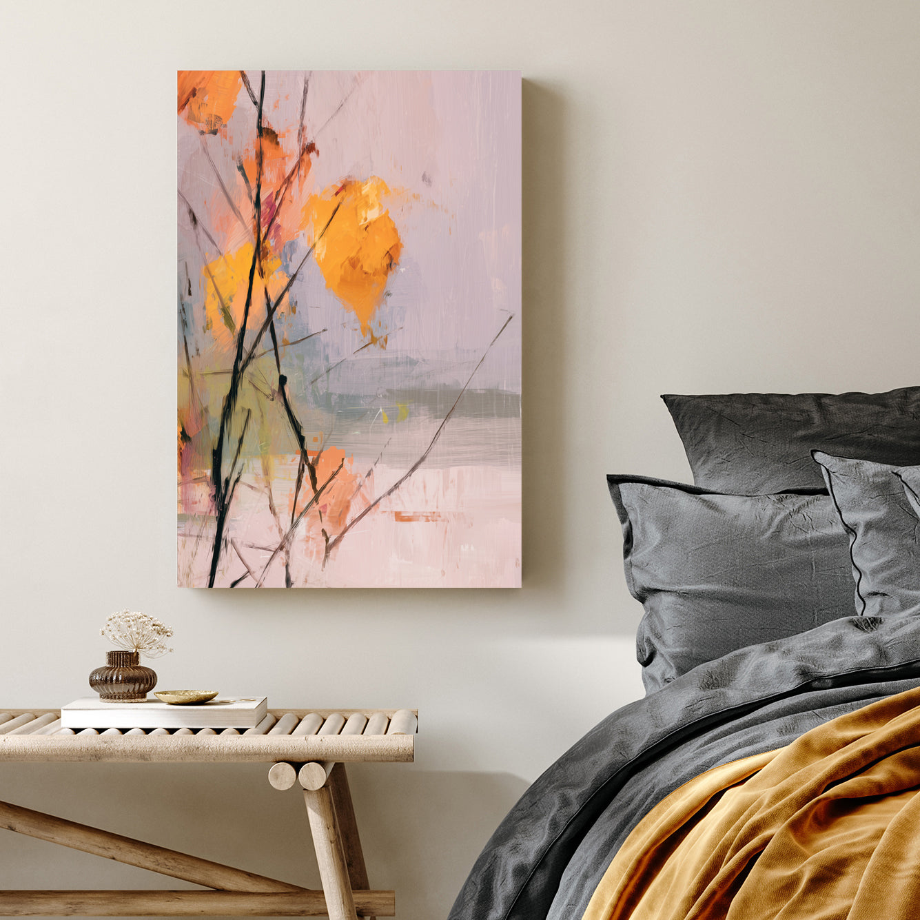 soft abstract wall art of autumn leaves on bare branches with light pastel background