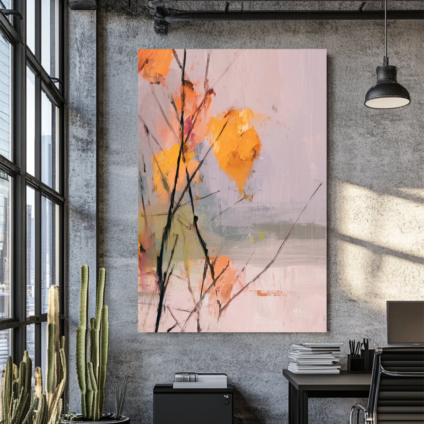 soft abstract wall art of autumn leaves on bare branches with light pastel background