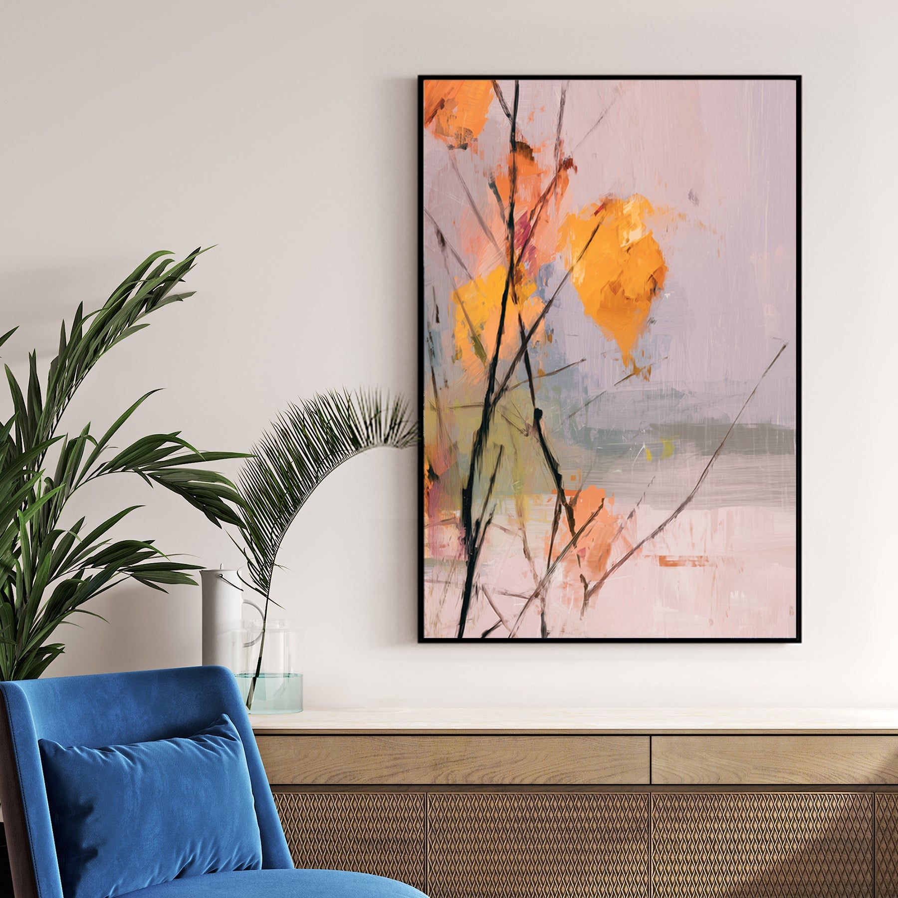 soft abstract wall art of autumn leaves on bare branches with light pastel background