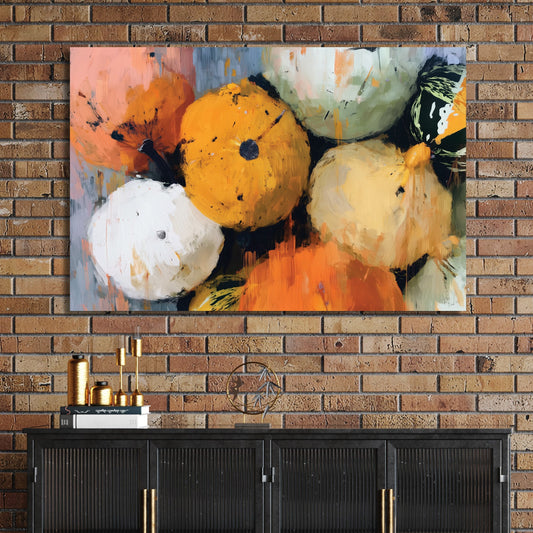 painterly fall gourd composition with various orange, green, and white pumpkins and squash