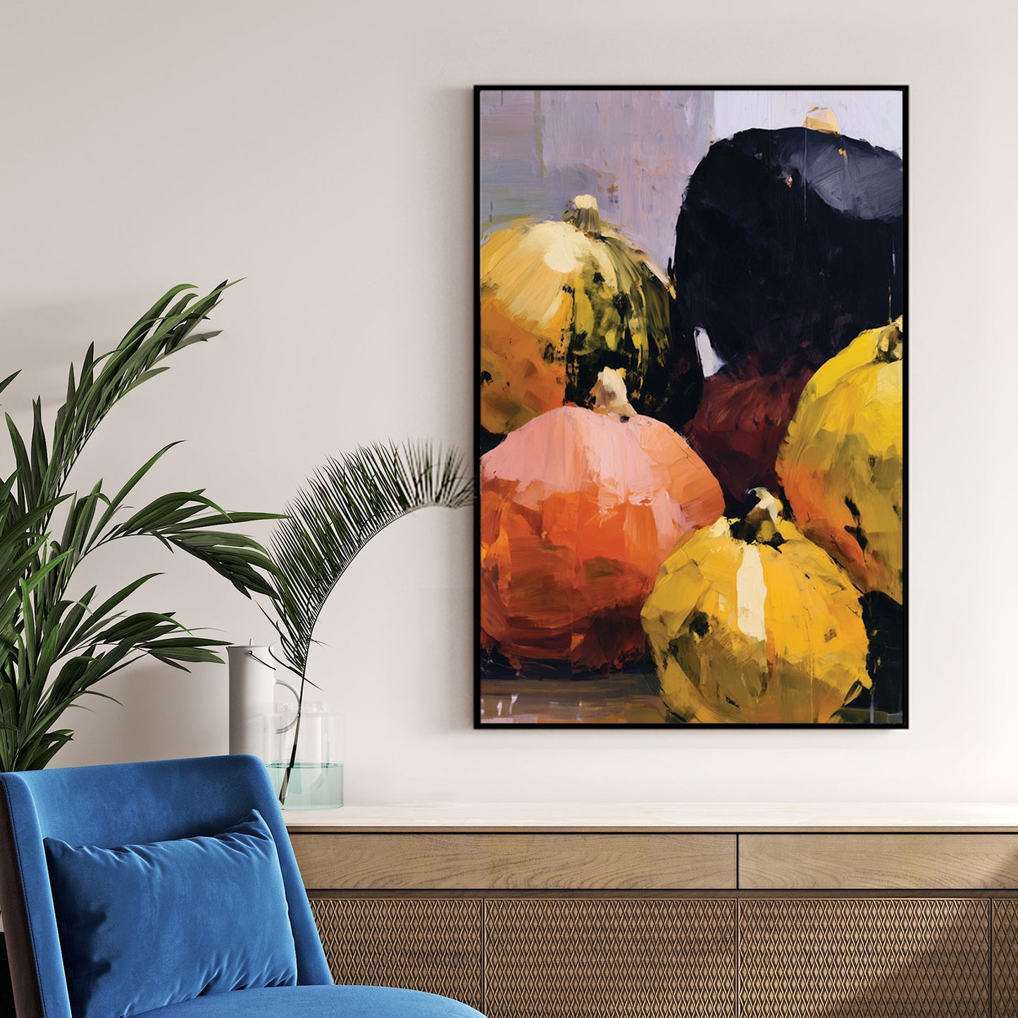 bold fall gourd still life painting with yellow, orange, black and pink pumpkins