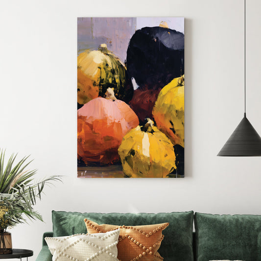 bold fall gourd still life painting with yellow, orange, black and pink pumpkins