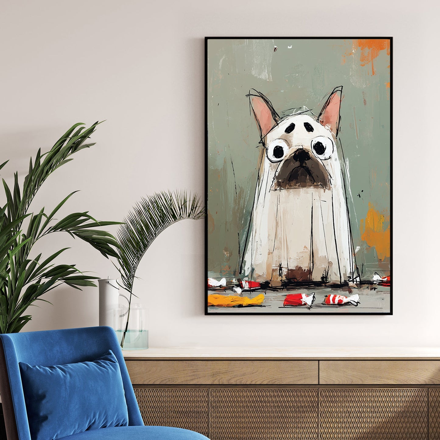 cartoon halloween french bulldog art wearing ghost costume with candy wrappers
