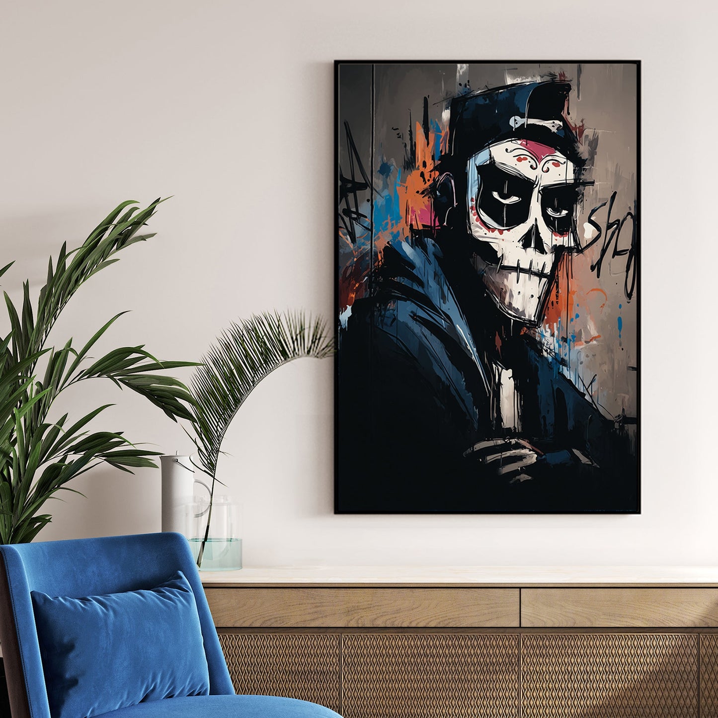 urban skeleton graffiti art in hoodie and cap with dark street style