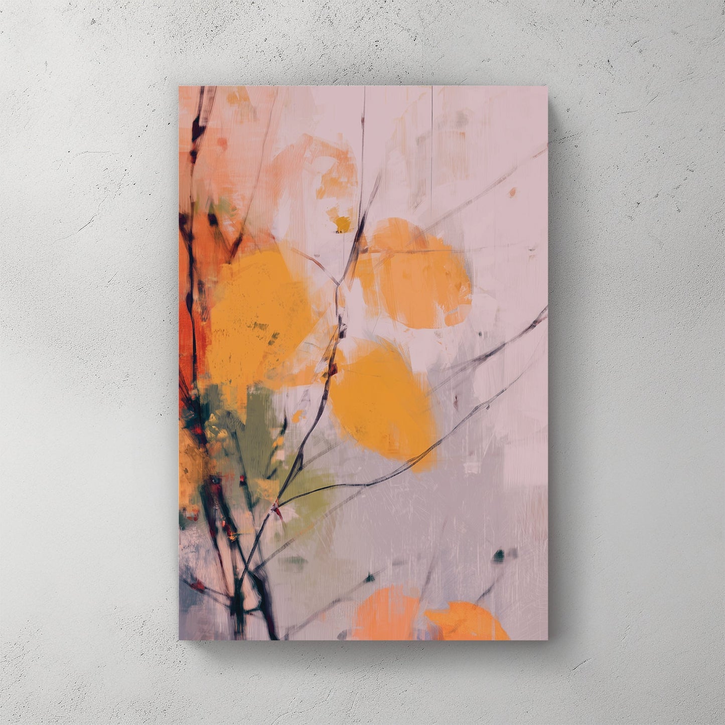 minimalist autumn wall art with golden leaves and soft brush strokes