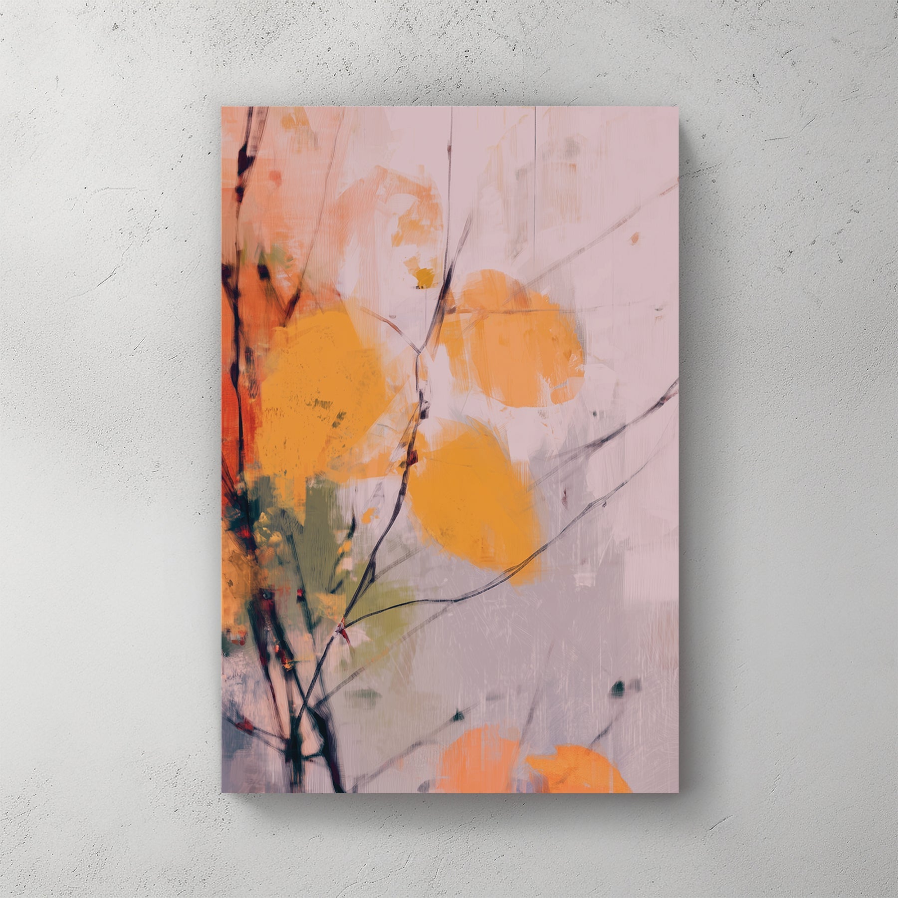 minimalist autumn wall art with golden leaves and soft brush strokes
