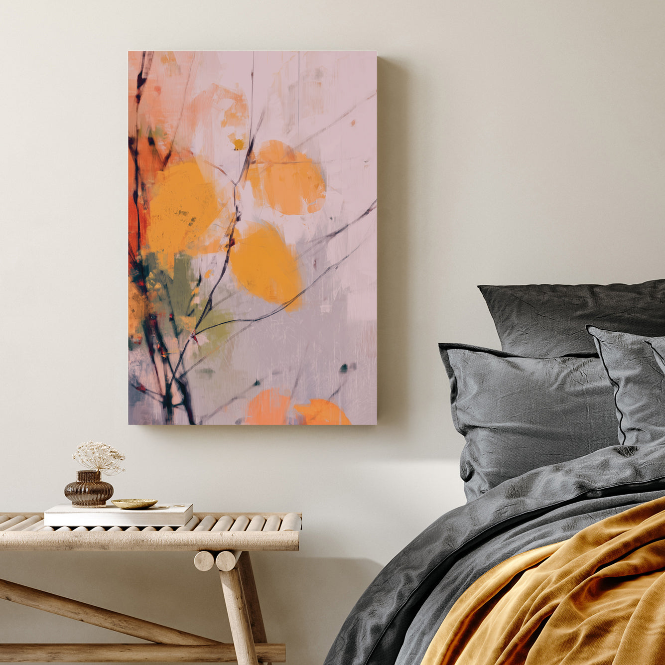 minimalist autumn wall art with golden leaves and soft brush strokes