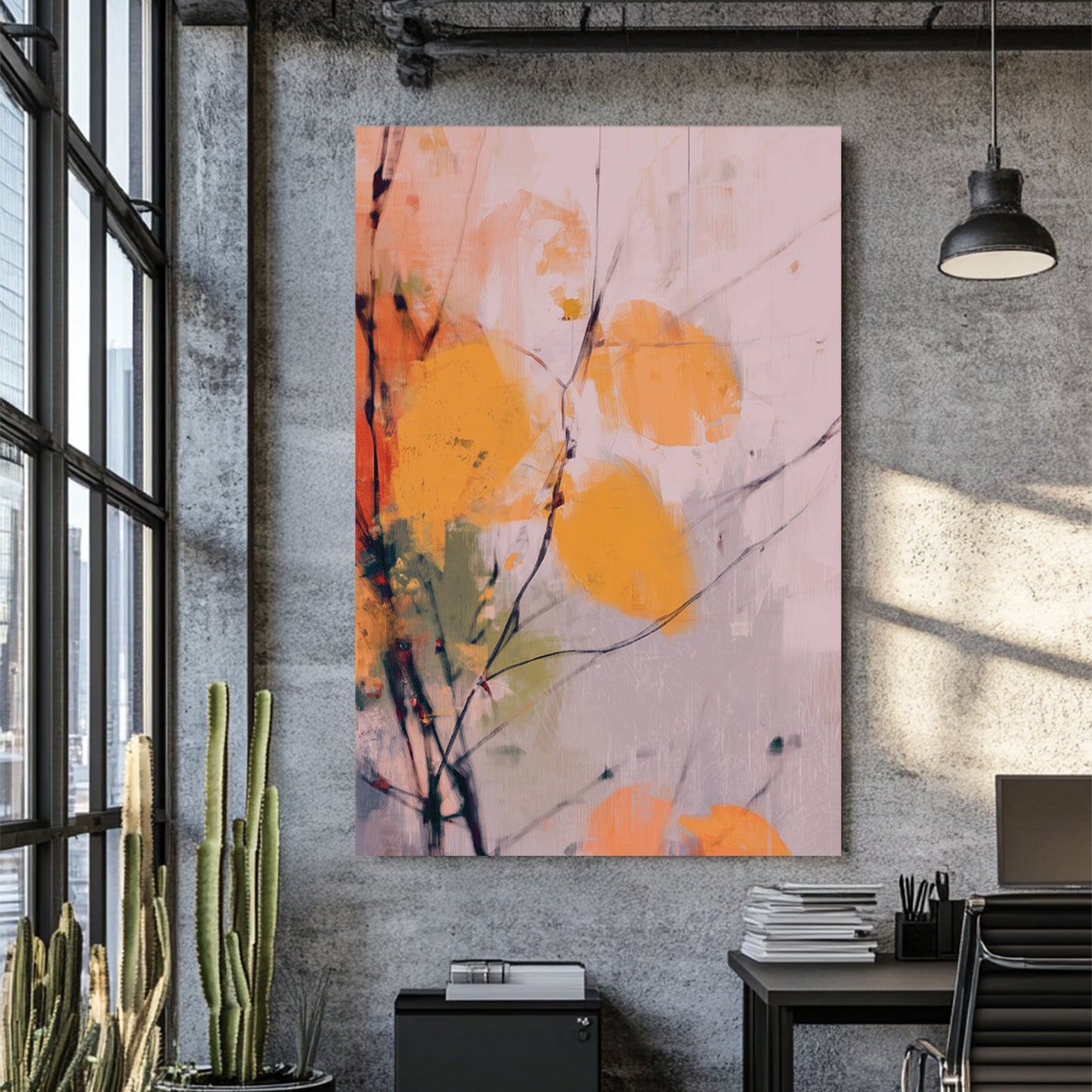 minimalist autumn wall art with golden leaves and soft brush strokes